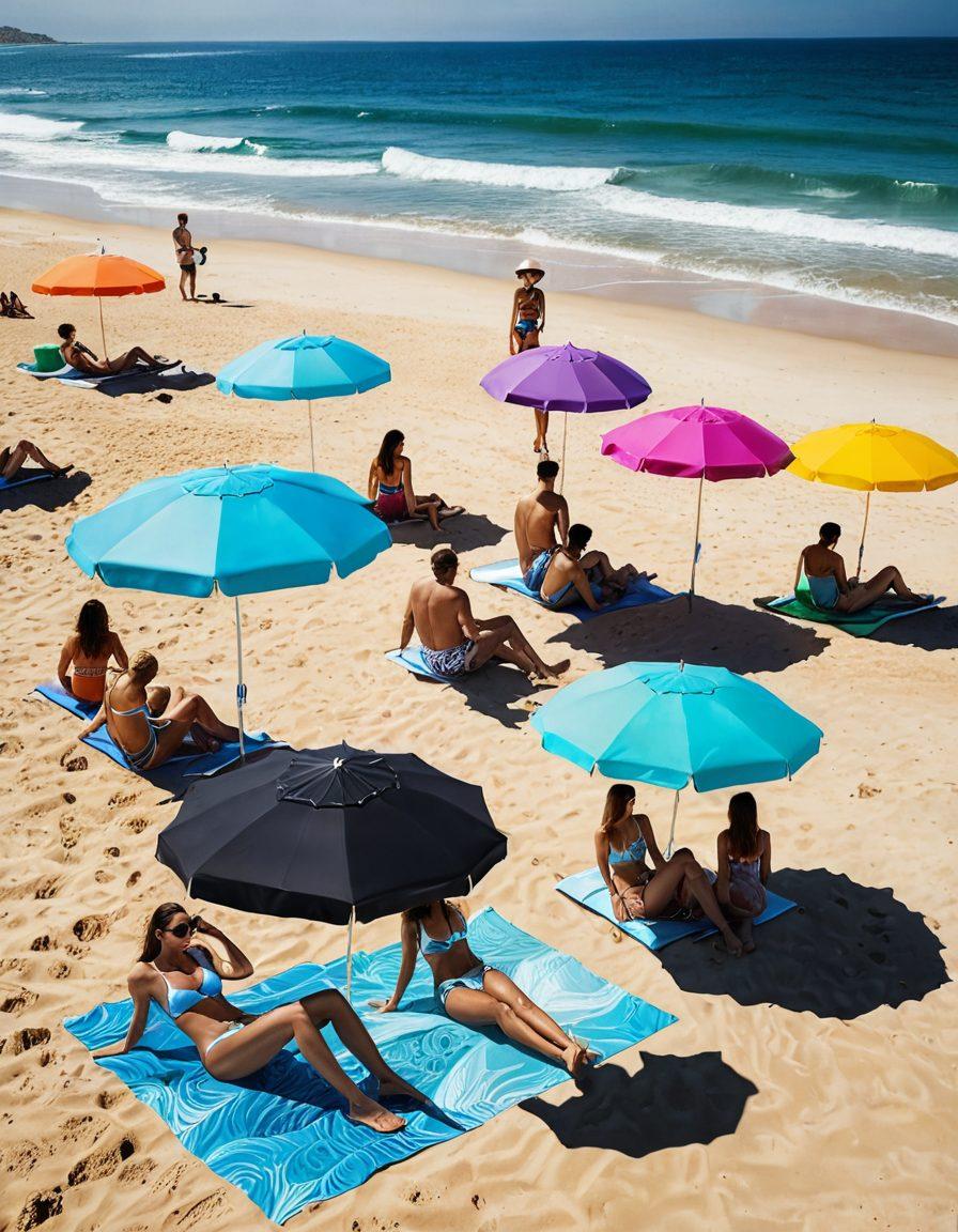 A futuristic beach scene showcasing innovative beachwear technology, featuring smart swimsuits with embedded gadgets and eco-friendly materials. Include a diverse group of stylish individuals relaxing on the sand, surrounded by high-tech beach accessories like UV-detecting umbrellas and self-cooling beach towels. The backdrop should have a bright sun and waves, capturing a vibrant summer atmosphere. Include elements like a digital beachwear fashion display or holographic ads in the air. super-realistic. vibrant colors. summer vibe.